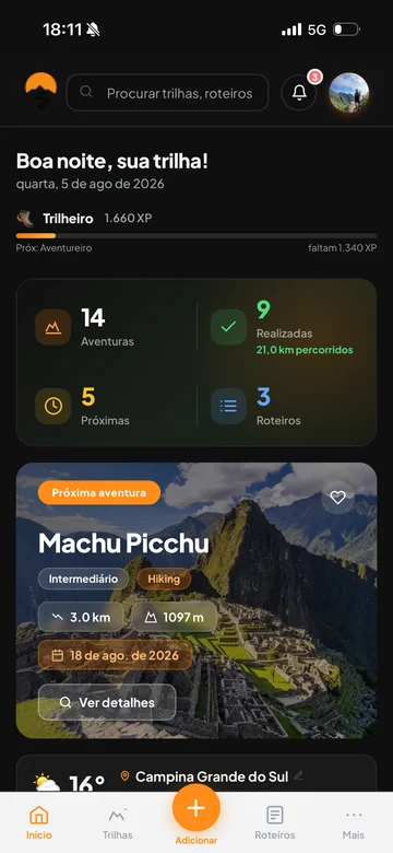 Sua Trilha no celular: saudação, progresso de XP, resumo de aventuras e a próxima aventura com foto.